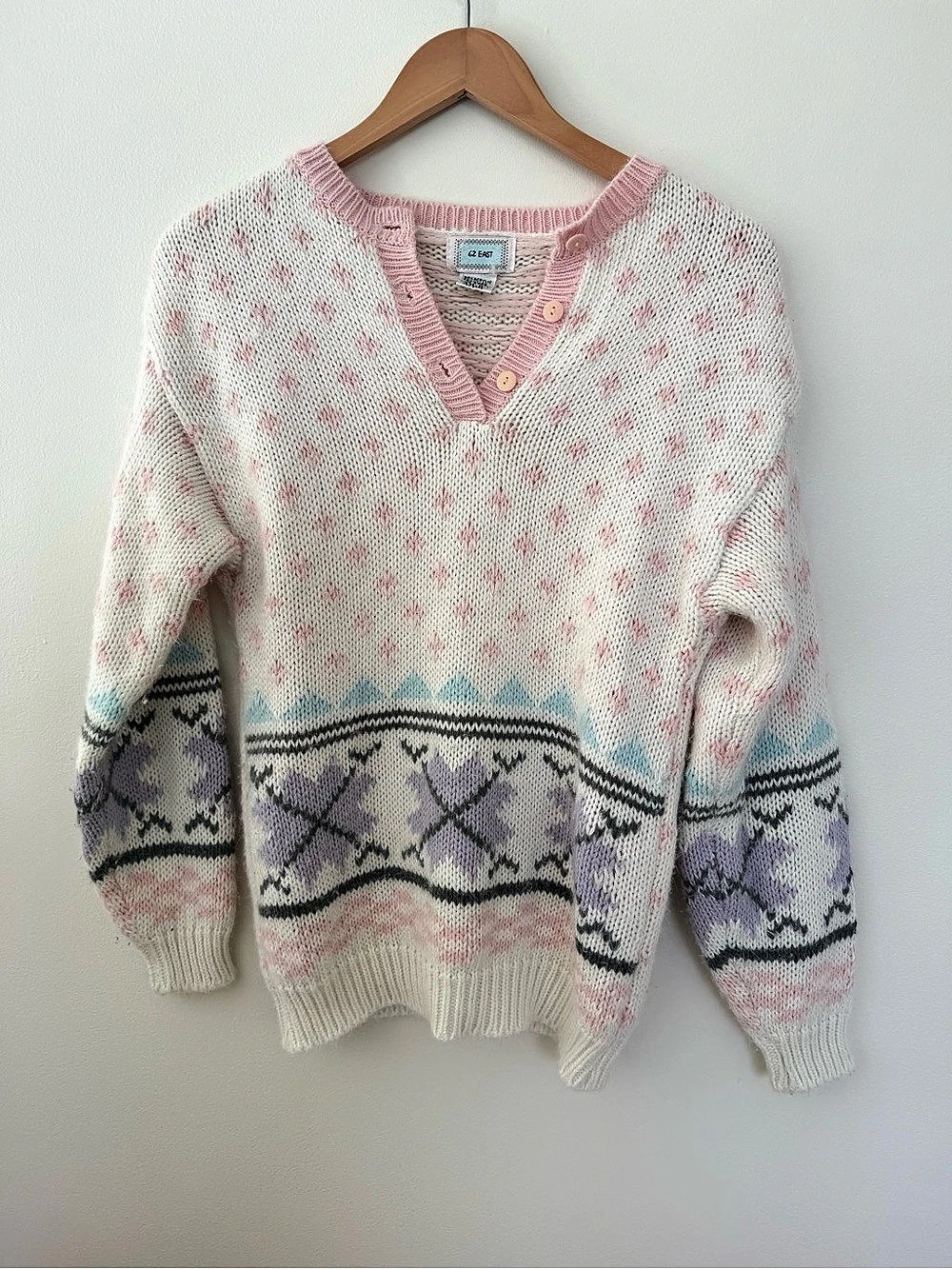 62 East Fair Isle Pastel Knit Cottage Core Sweater in Cream & Pink Size M